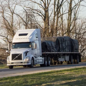 Picture of a white flatbed trailer with bare trees background depicting the use of a black 8 ft drop lumber tarp rip stop.
