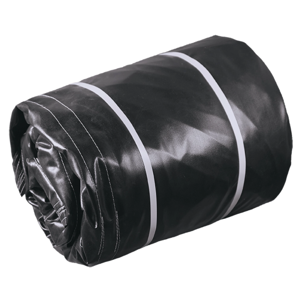 Picture of a coil tarp secured with white plastic straps by itself.