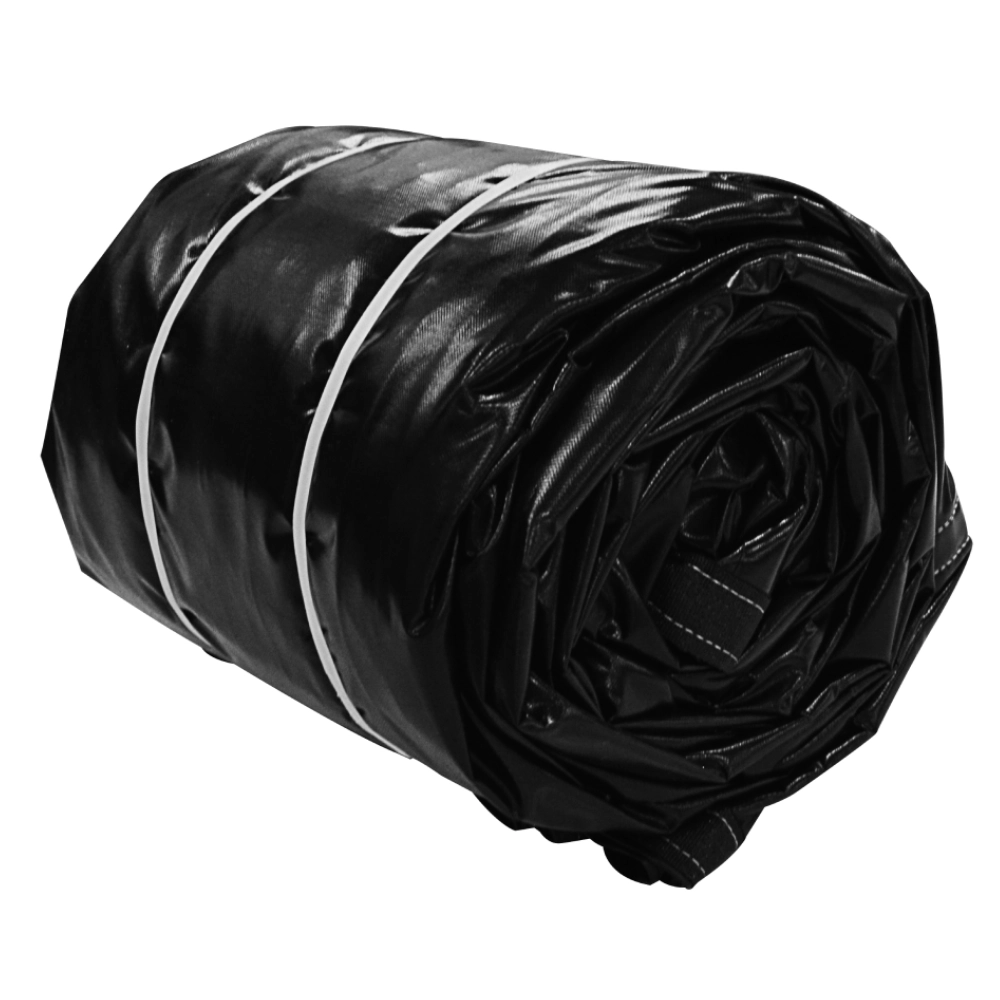 Picture of a black tarp secured with white plastic straps by itself.