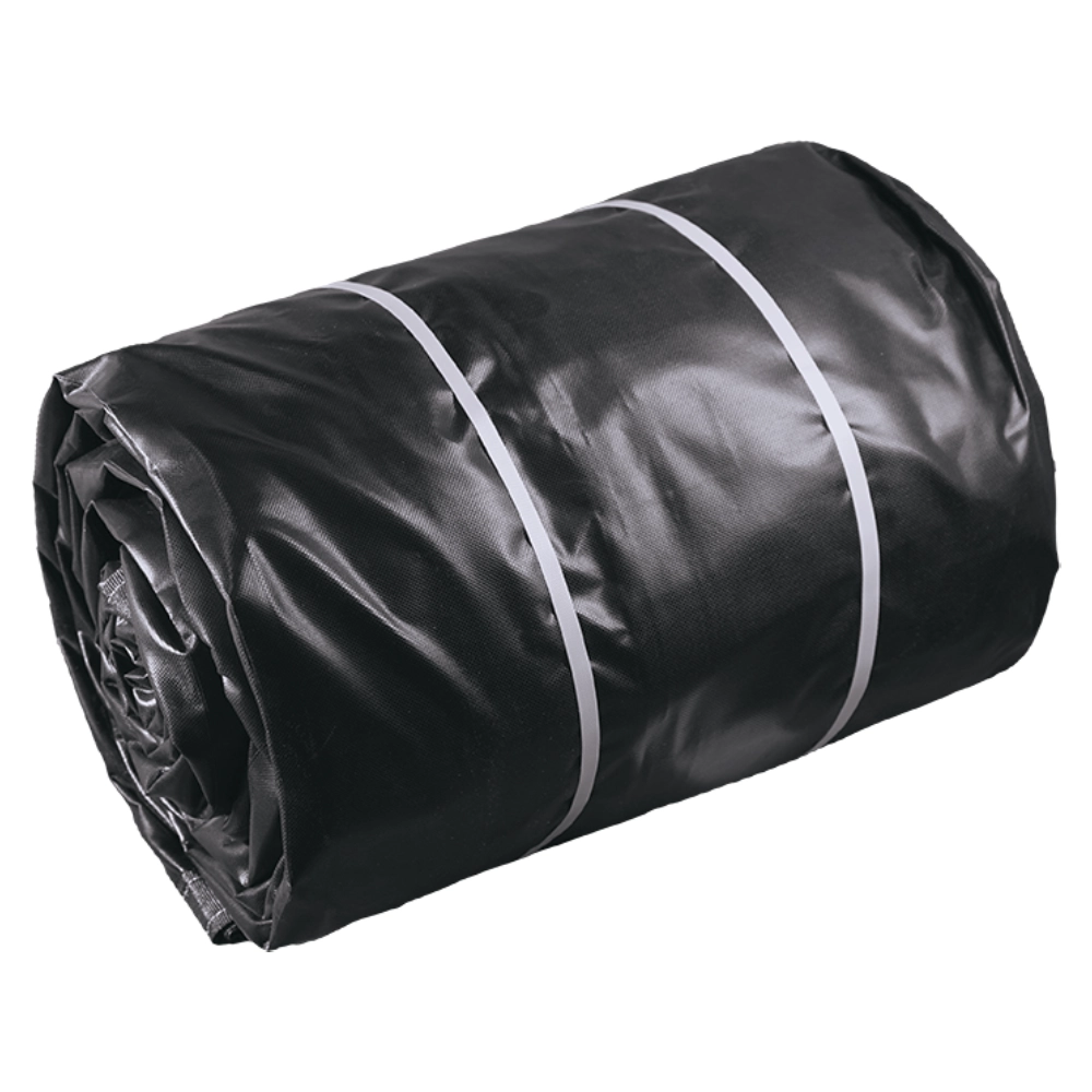 Picture of a black tarp secured with white plastic straps by itself.